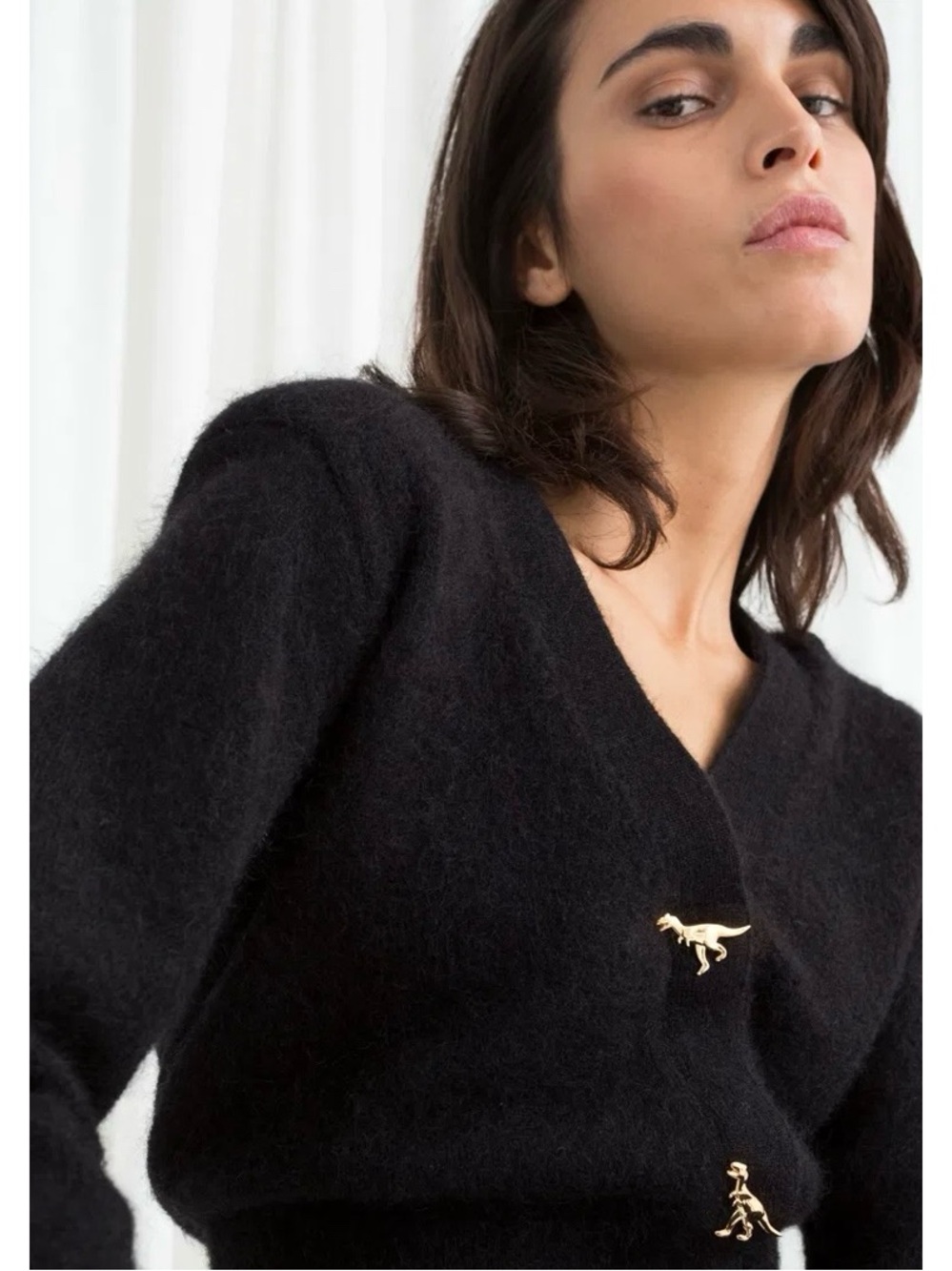 & Other Stories Alpaca Blend Cardigan Size XS Black Dinosaur Snap Buttons Gold